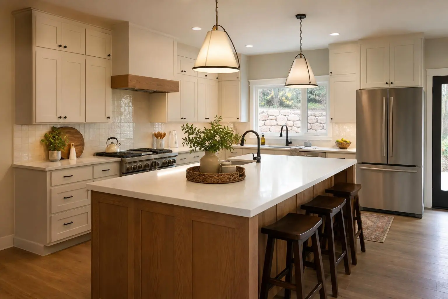 Warm white and natural oak kitchen remodel