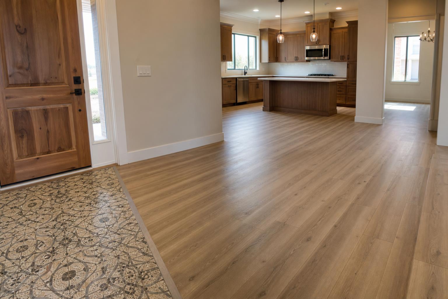 New flooring and detailed tile entry in an open-plan home