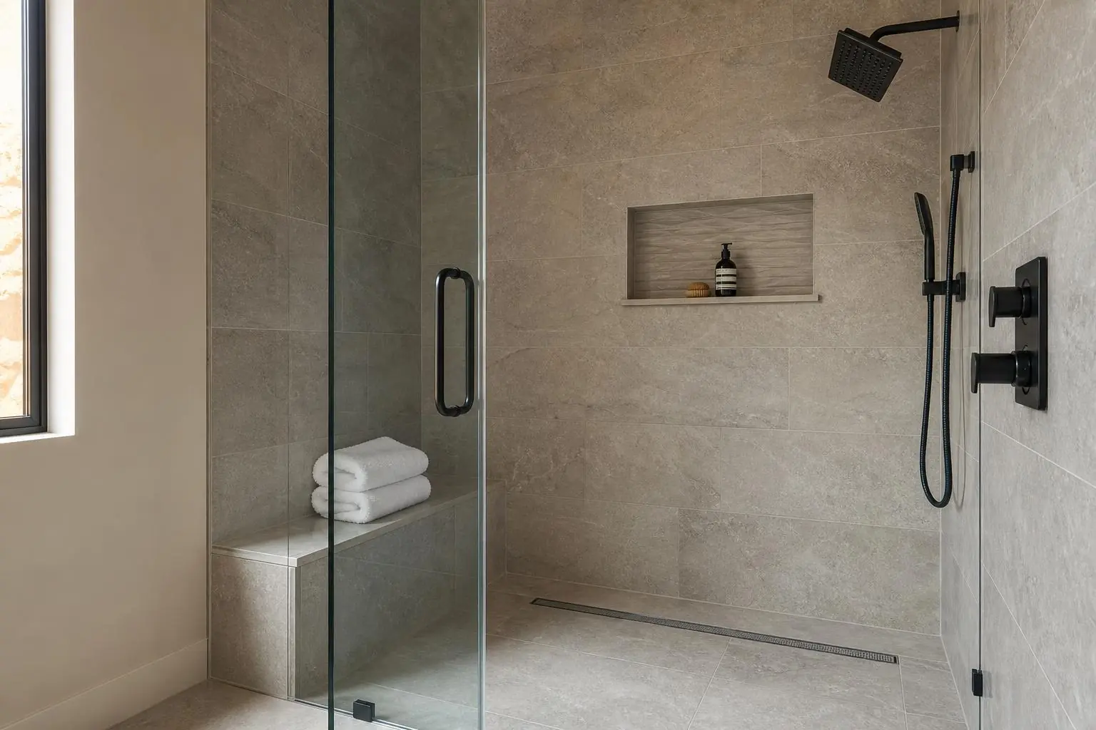 Custom large-format tile walk-in shower with frameless glass
