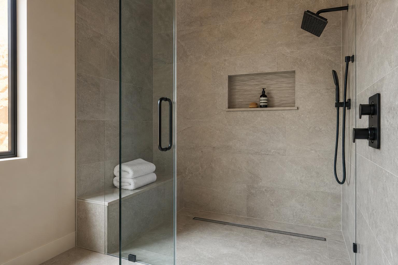 Custom large-format tile walk-in shower with frameless glass